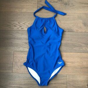 Speedo Hi Neck Tie Neck Closure Pull On Lined One Piece Swimsuit Blue Sz 8 NWOT